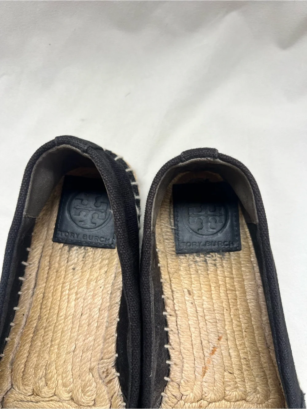 Tory Burch 5.5 6 Black Canvas Leather Logo Cap Toe Espadrille Flats Luxe Travel